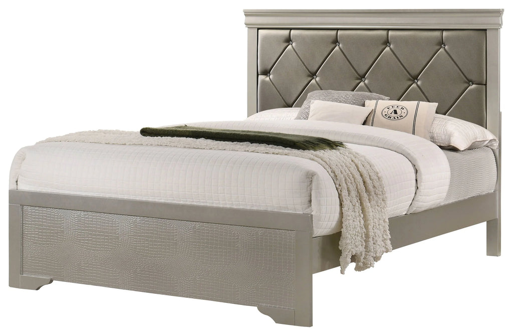 Silver Finish King Size Panel Upholstered Bed Dresser Mirror Nightstand Chest Set H510