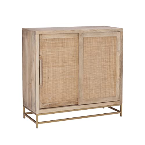 Natural Rattan and Gold Base Two Drawer Cabinet, Beige Y510629