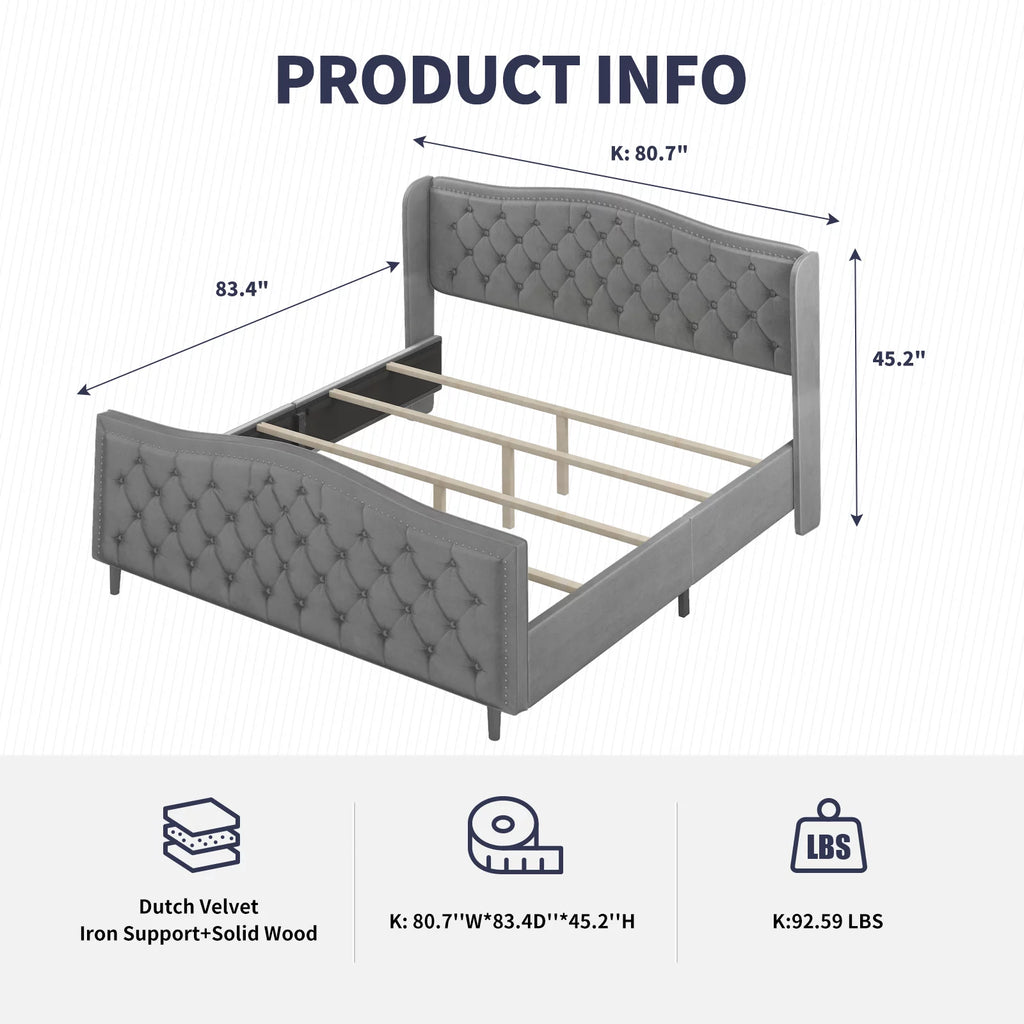King Size Button Tufted Velvet Platform Bed Frame, Silver Grey X55323