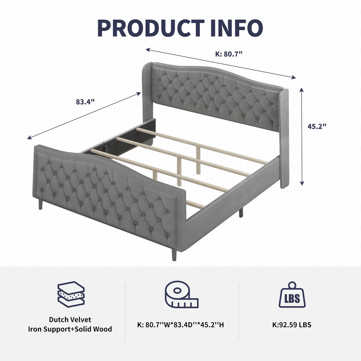 King Size Button Tufted Velvet Platform Bed Frame, Silver Grey X55323