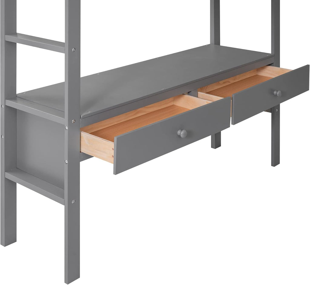 Full Size Solid Wood Loft Bed with Desk and 2 Drawers, Grey F617659