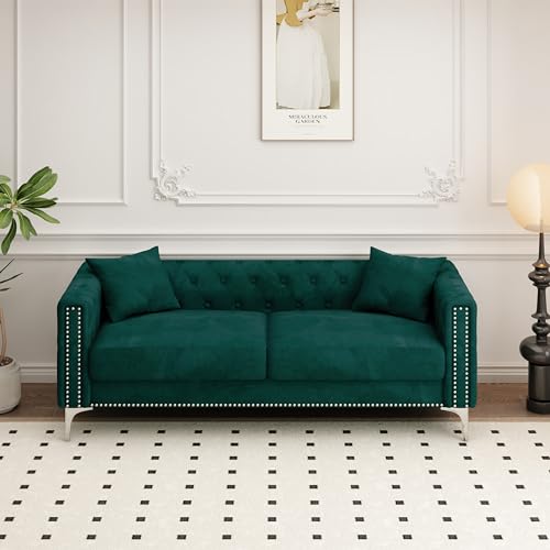 Blue Velvet 3 Seaters Sofa with Nailhead Decor and Metal Legs, 83" F675