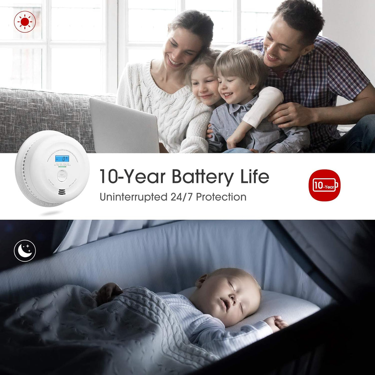 10-Year Battery Smoke and Carbon Monoxide Detector with LCD Display, Dual Sensor Alarm R904458