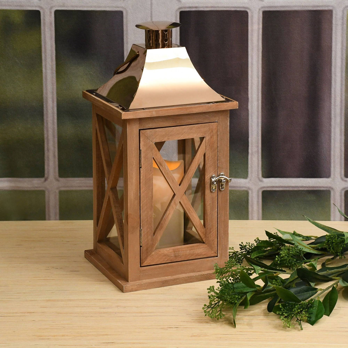 Natural Wooden Lantern with Copper Roof and LED Candle W52434
