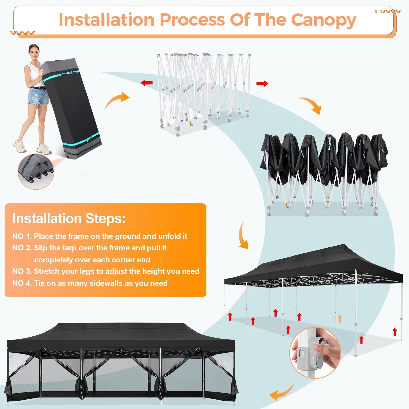 10x30 FT Pop Up Canopy with Mesh Sidewalls, Black H182