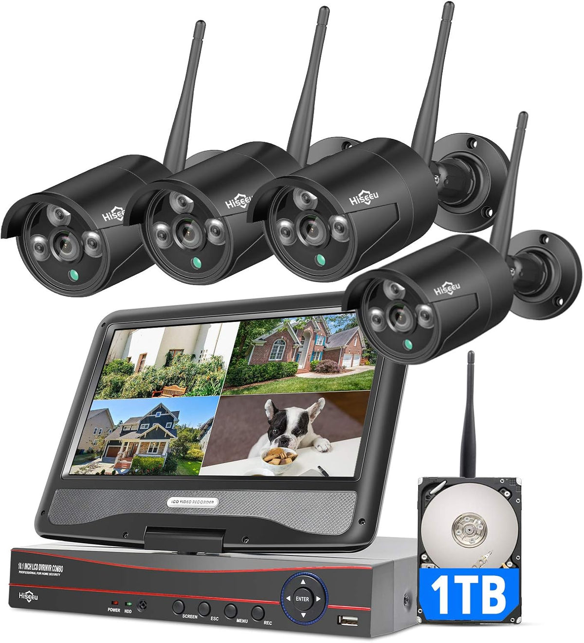 8CH 2K Wireless Security Camera System with 10.1 Monitor, 4pcs 3MP Cameras, 1TB HDD K58895
