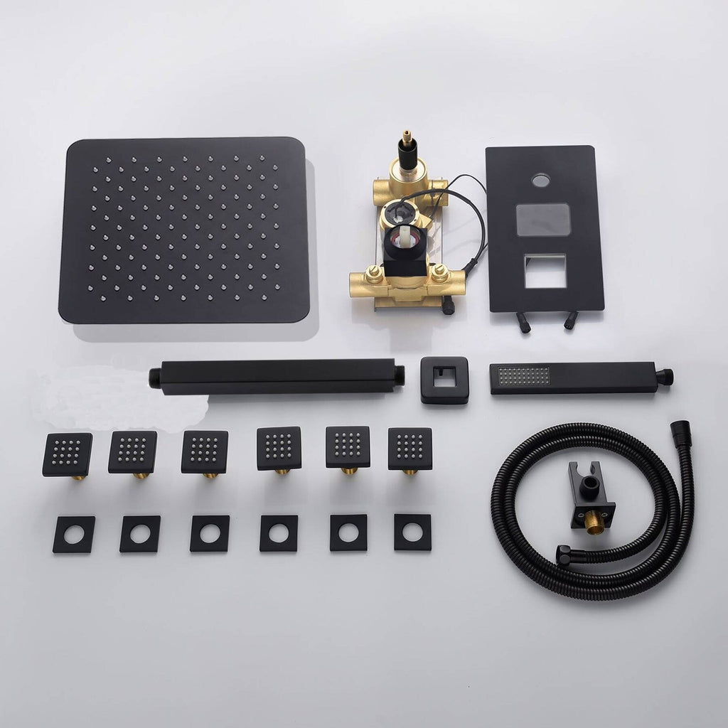 Matte Black Ceiling Mount 16 Inch LED Rainfall Shower System with Body Jets J2688