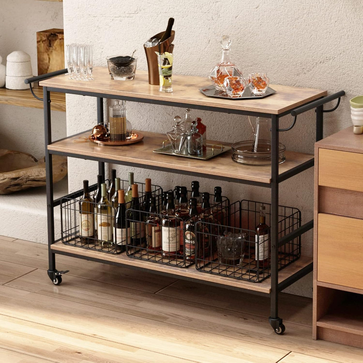 Rustic Brown 3-Tier Rolling Bar Cart with Wheels O8441