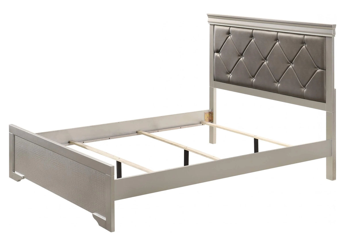 Silver Finish King Size Panel Upholstered Bed Dresser Mirror Nightstand Chest Set H510