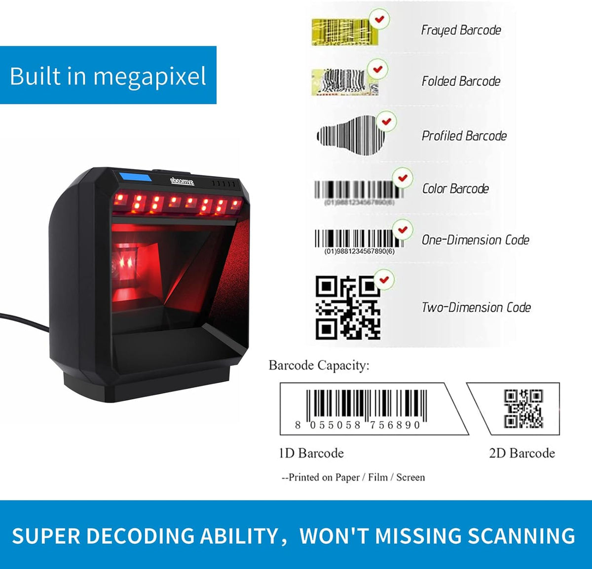 2D Handsfree Barcode Scanner USB Wired Automatic Sensing, Pack of 2 B3392
