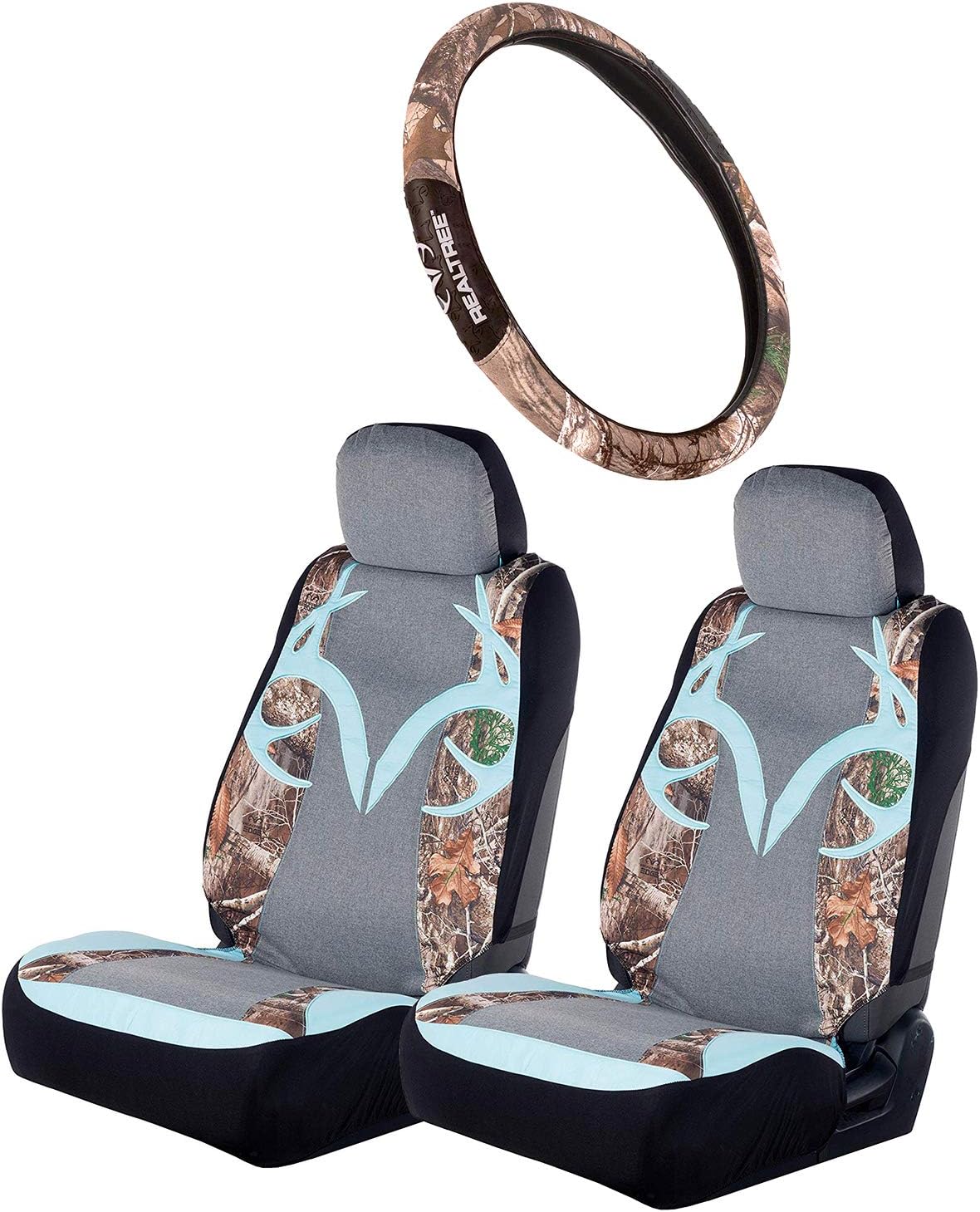 3pc Camo Auto Accessories Kit, 2 Front Seat Covers and 1 Wheel Cover E9551