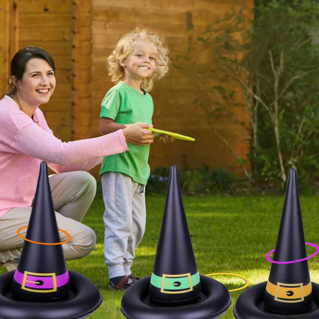11 Pack Halloween Inflatable Witch Hat Ring Toss Game Set with Plastic Ring Toss and Inflatable Witch Hats F396445