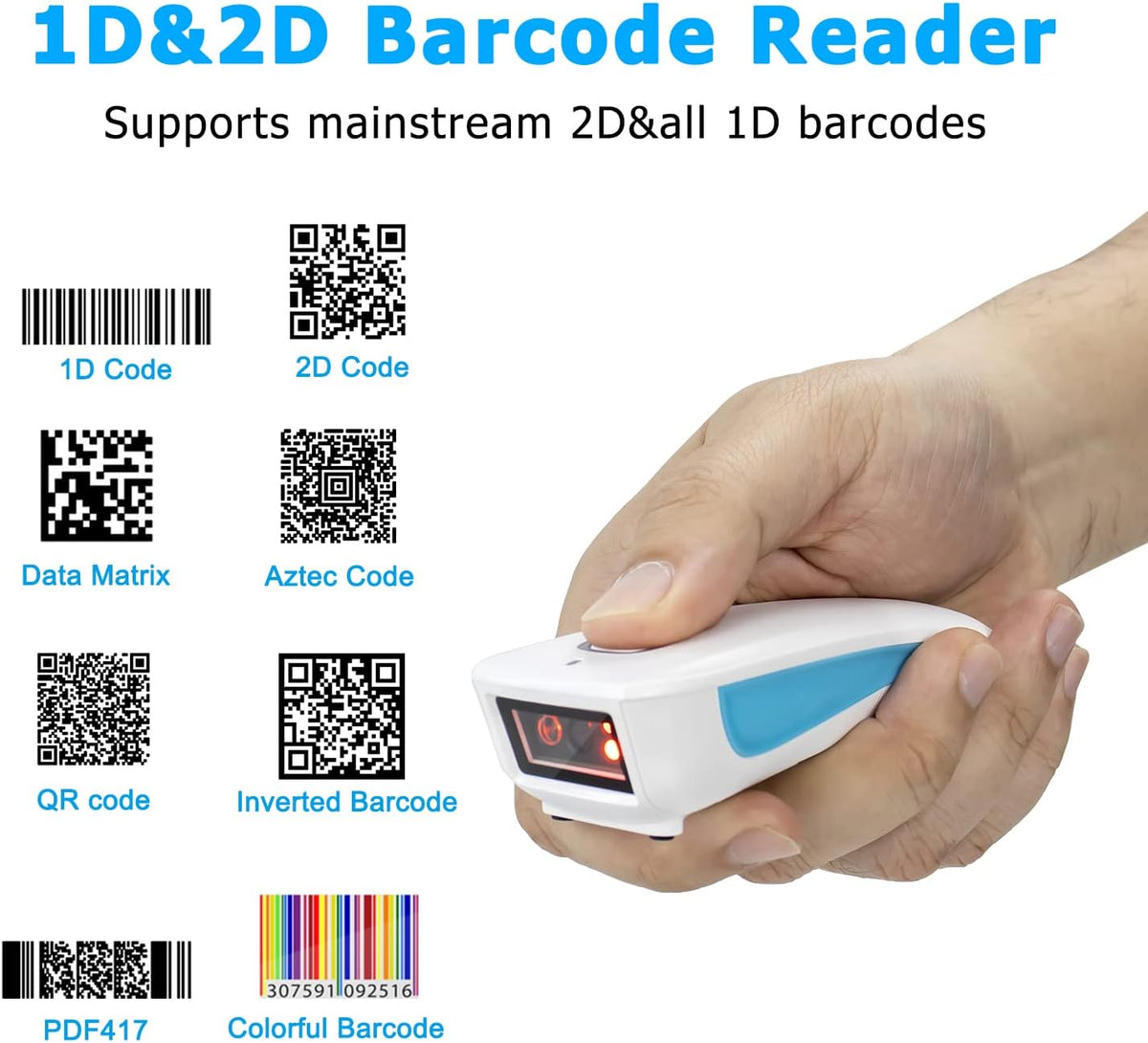 Wireless 2D QR Barcode Scanner, Bluetooth Portable Pocket Small 1D 2D Bar Code Reader, White Pack of 2 B483