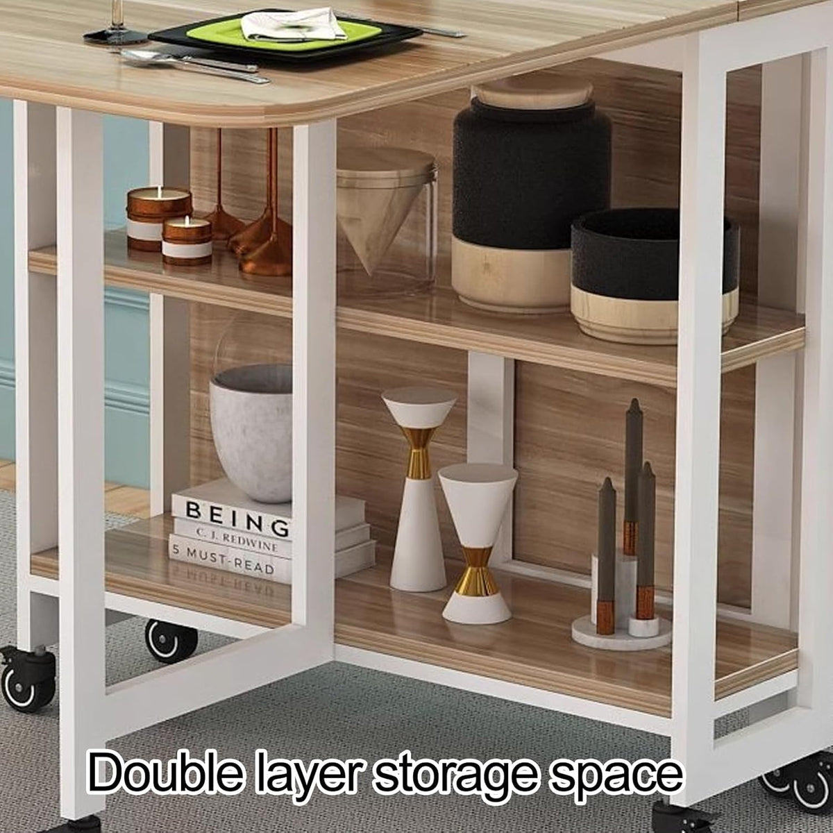 Drop Leaf Dining Table with 6 Wheels and 2-Layer Storage Racks V941