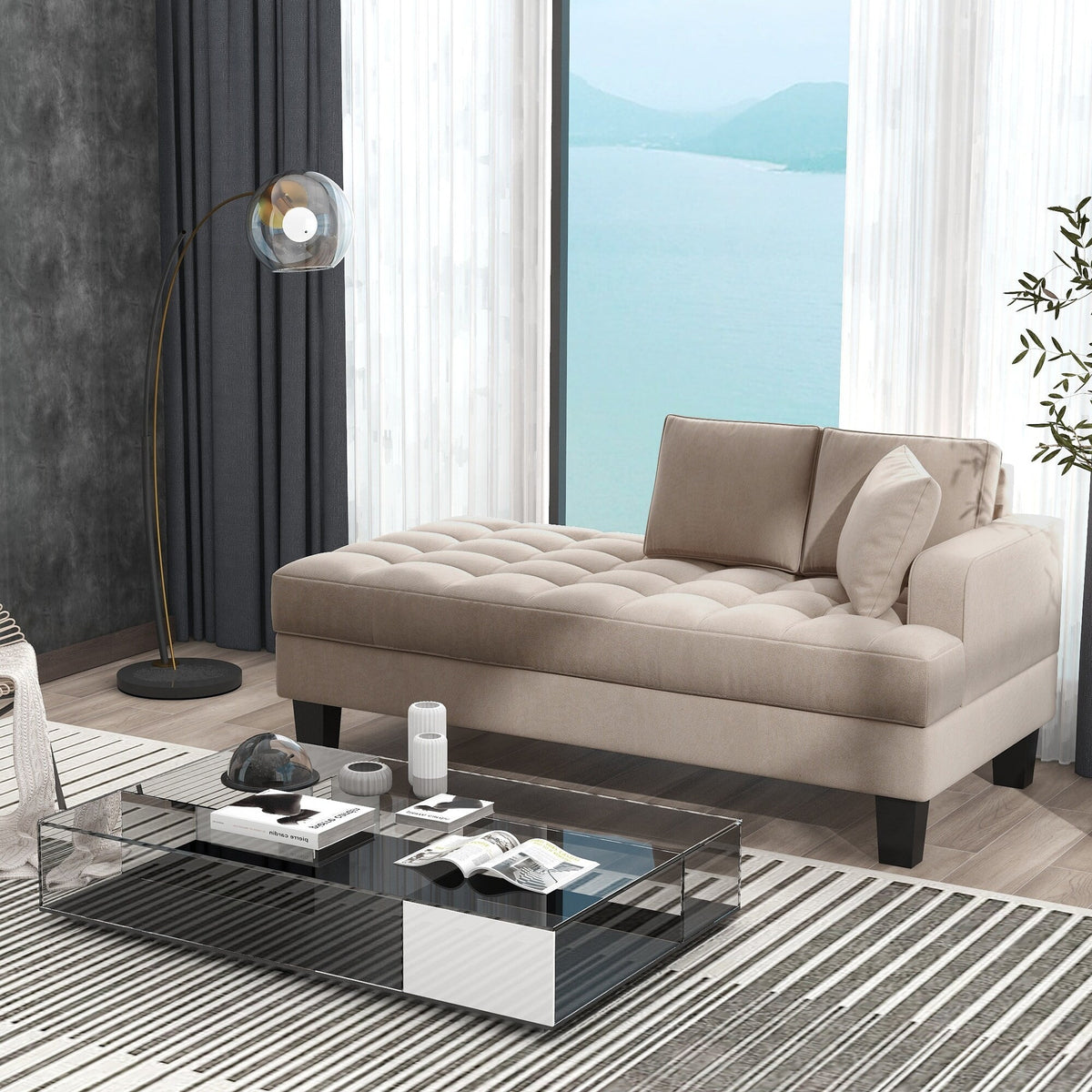 Grey Deep Tufted Upholstered Chaise Lounge with Toss Pillow K932979