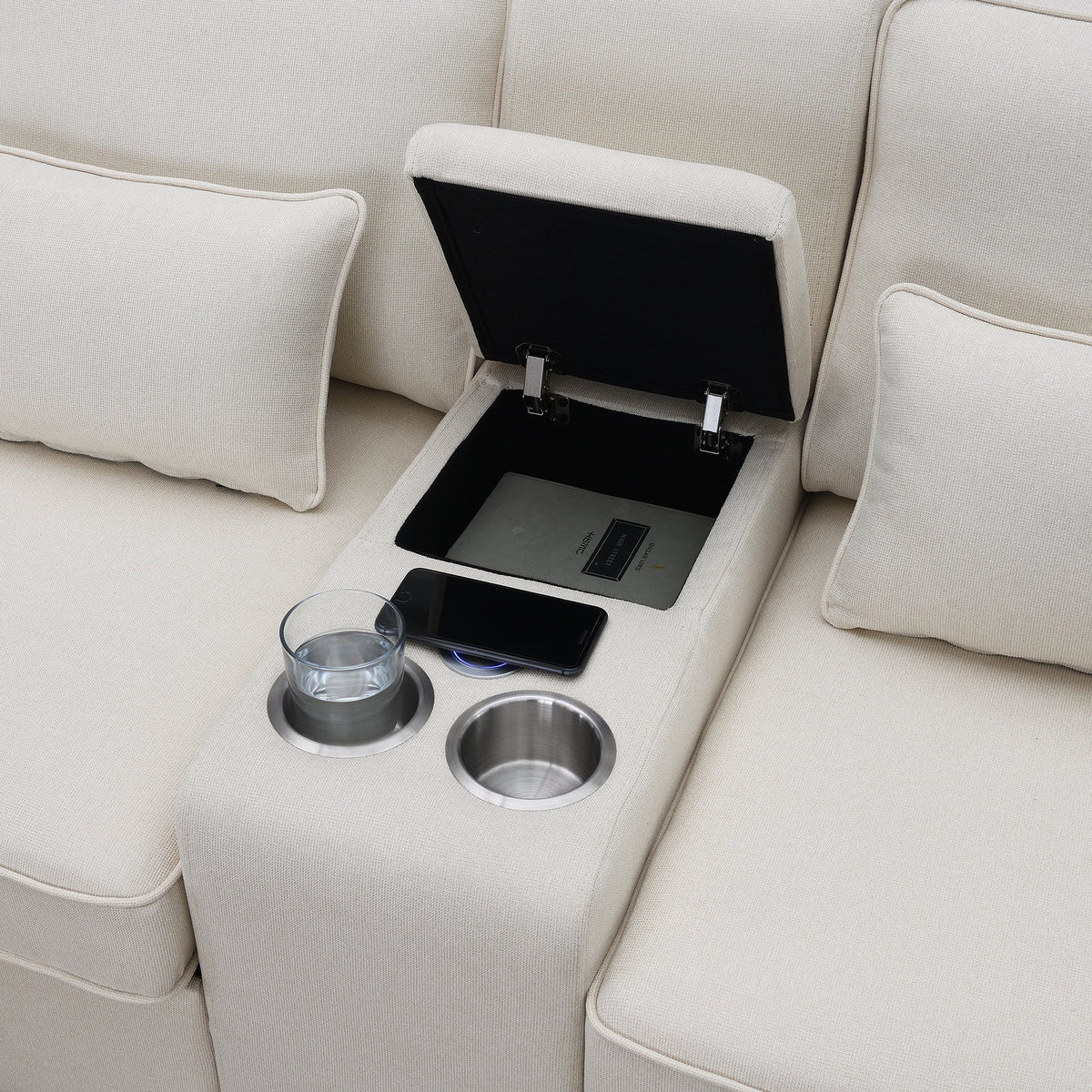 Upholstered Sofa with Console, 2 Cupholders and 2 USB Ports, Linen Fabric, 4-Seat P334489