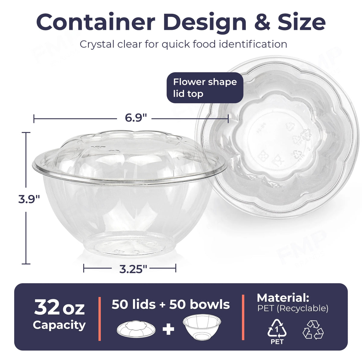 50 Pack 32 oz Clear Plastic Salad Bowls with Airtight Lids Q105