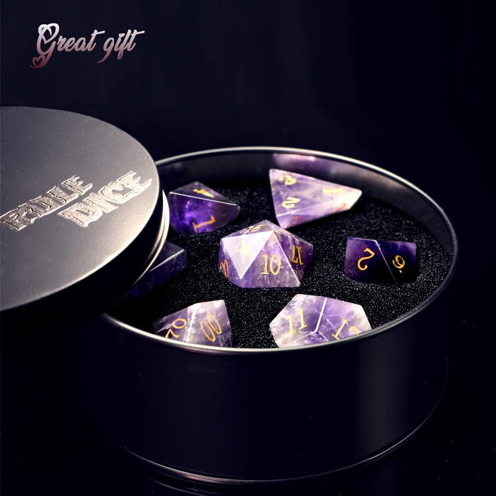 7 Pcs Amethyst Crystal Handmade Polyhedral D&D Dice Set with Metal Box O555030