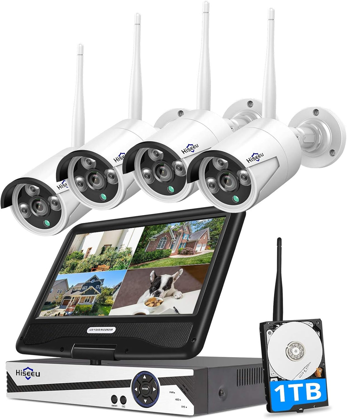 8CH 2K Wireless Security Camera System with 10.1 Monitor, 4pcs 3MP Cameras, 1TB HDD K58895