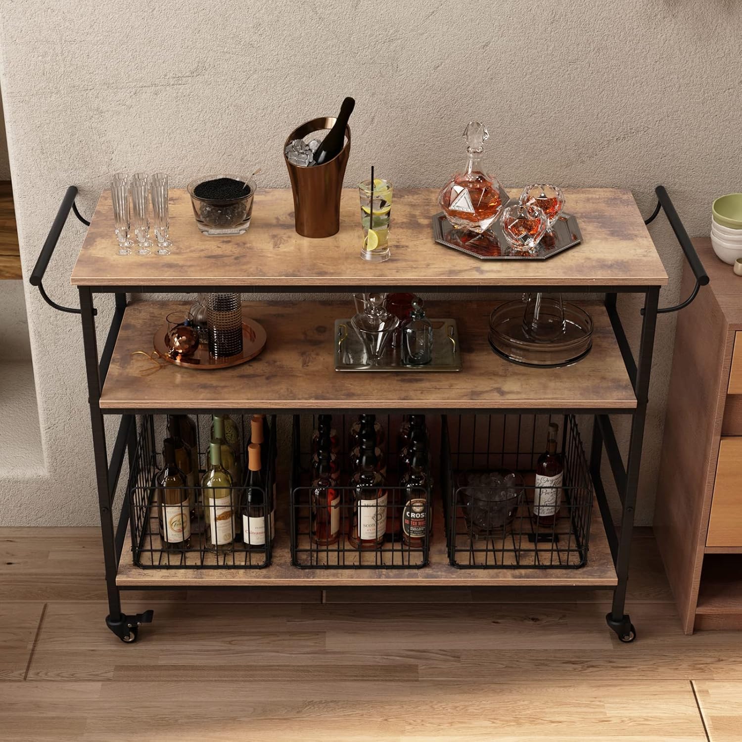 Rustic Brown 3-Tier Rolling Bar Cart with Wheels O8441