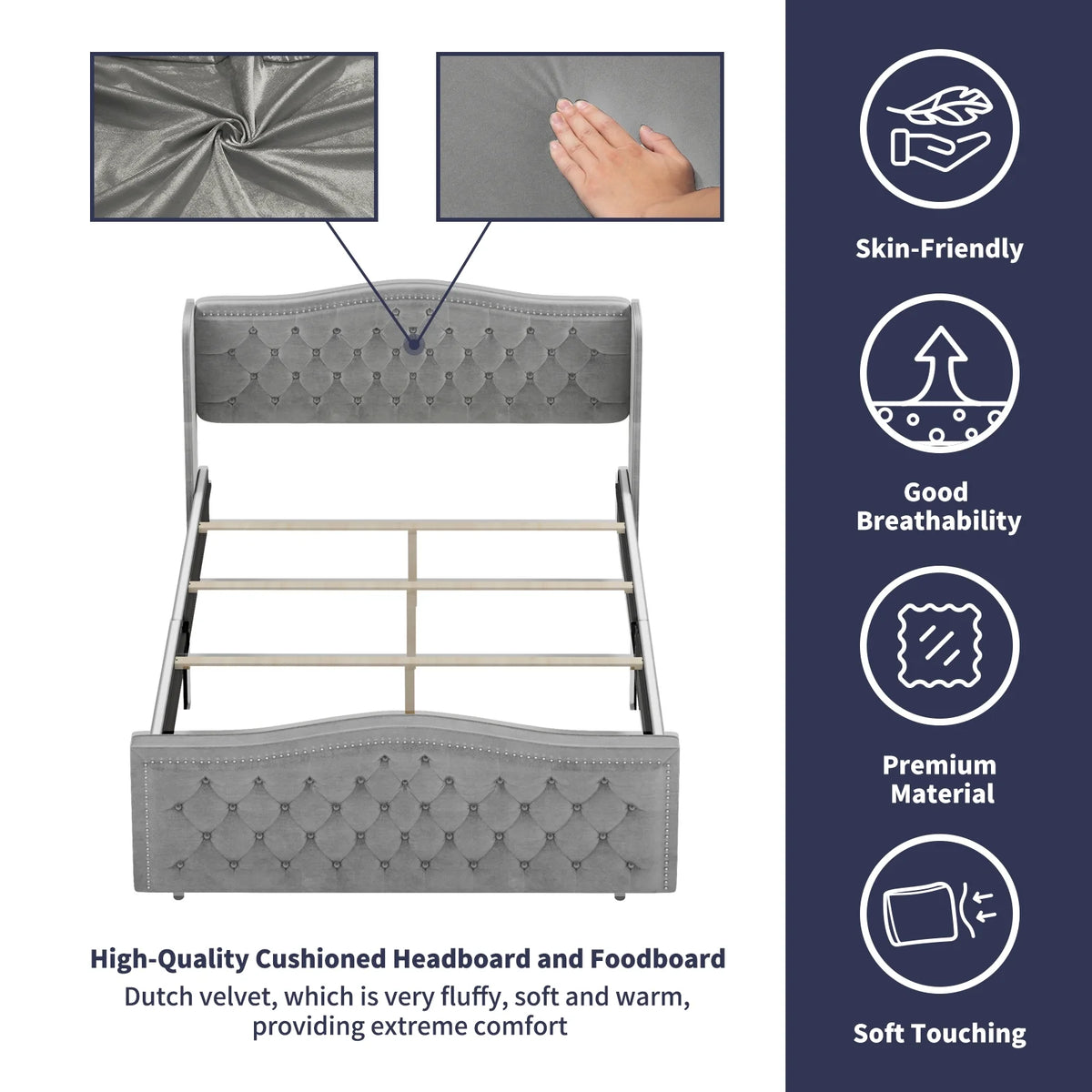 King Size Button Tufted Velvet Platform Bed Frame, Silver Grey X55323