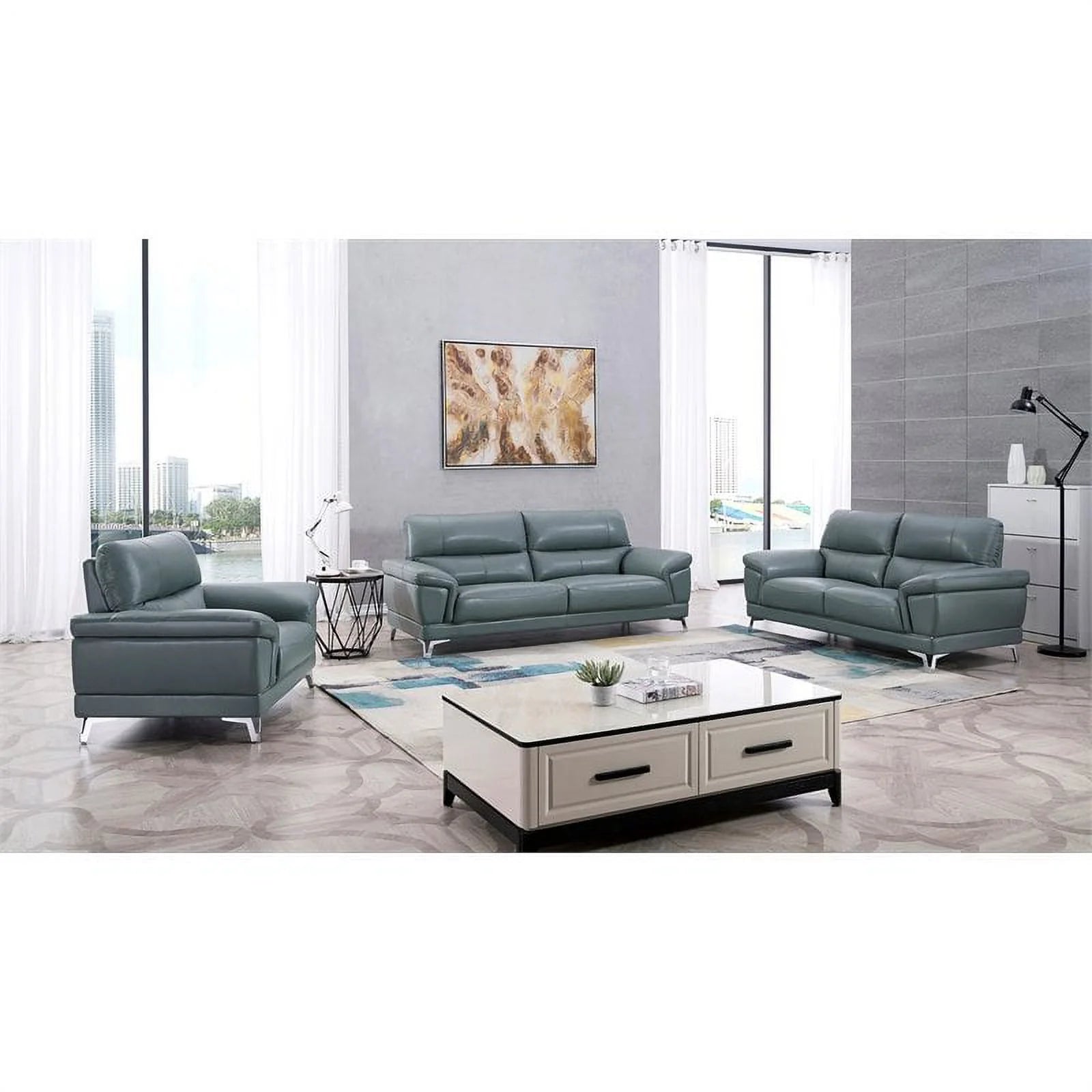 Genuine Leather Accent Chair in Light Gray and Blue P5804