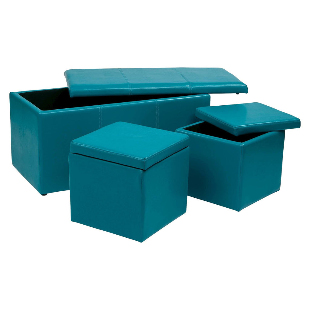 3 Piece Blue Vinyl Ottoman Set O38208