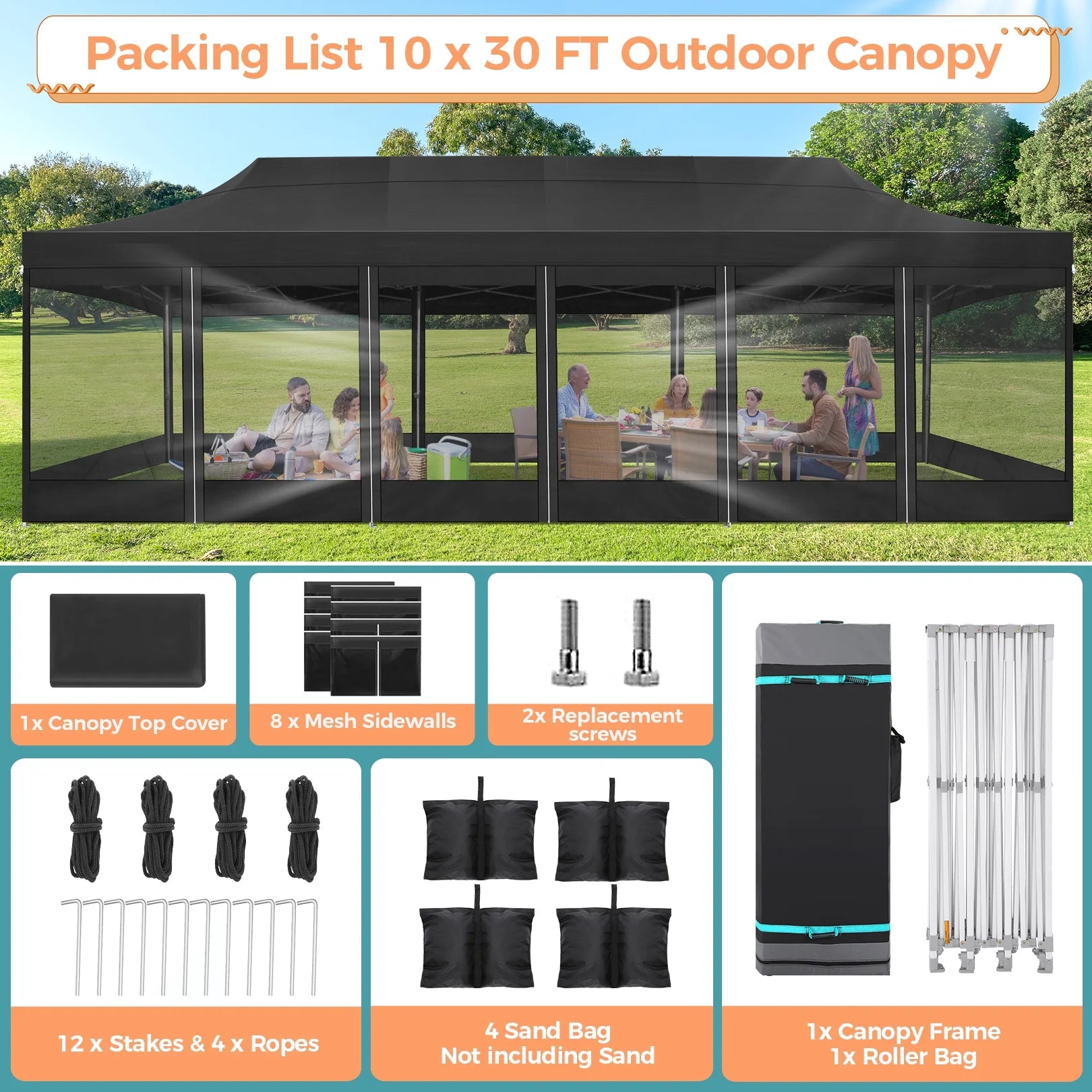 10x30 FT Pop Up Canopy with Mesh Sidewalls, Black H182