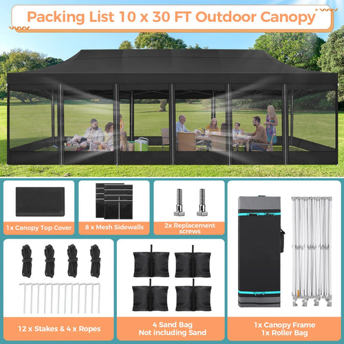 10x30 FT Pop Up Canopy with Mesh Sidewalls, Black H182
