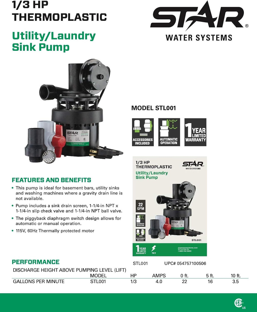 Automatic Utility Sink Pump, 1/3 HP, Heavy-Duty Thermoplastic, 115V Z619230