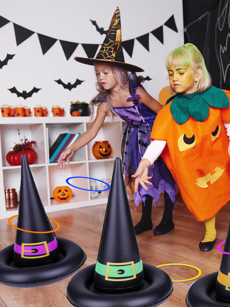 11 Pack Halloween Inflatable Witch Hat Ring Toss Game Set with Plastic Ring Toss and Inflatable Witch Hats F396445