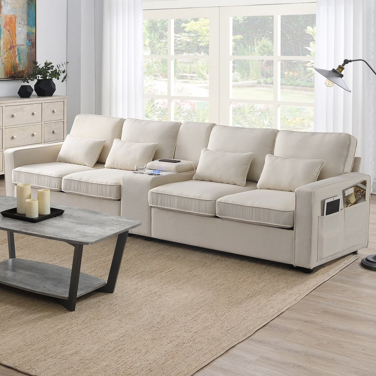 Upholstered Sofa with Console, 2 Cupholders and 2 USB Ports, Linen Fabric, 4-Seat P334489