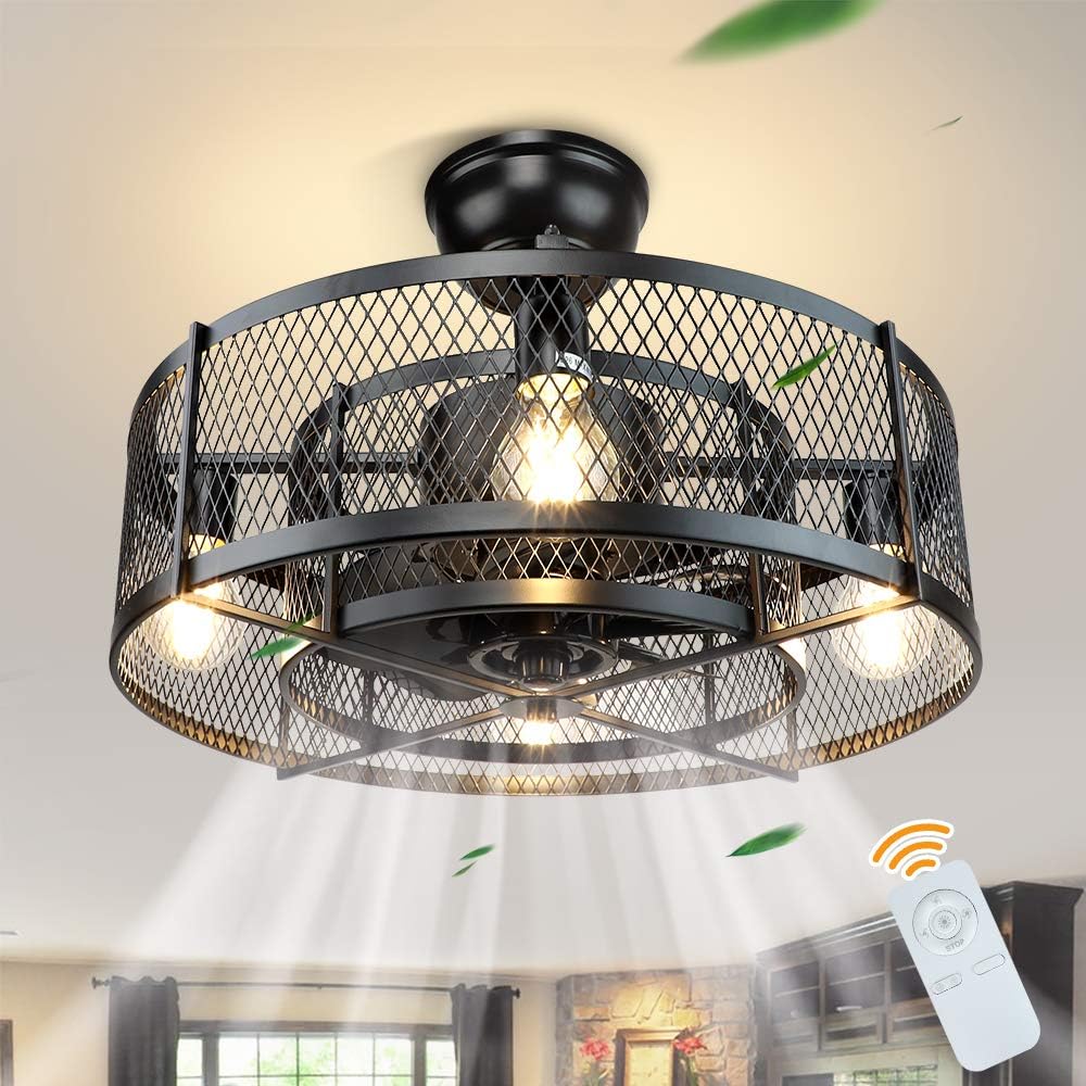 20In Caged Ceiling Fan with Light, 3 Speeds Adjustable, Remote, Black T7005