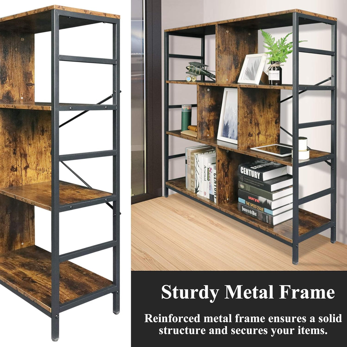 Rustic Brown 3-Tier Bookcase with Open Storage Shelves D790