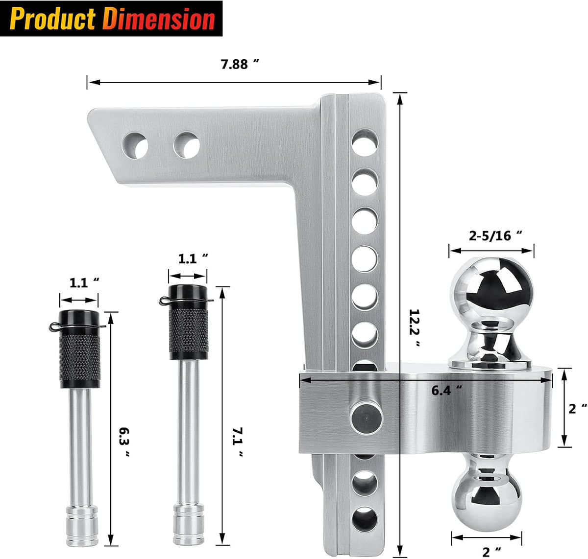 Adjustable Trailer Hitch Ball Mount, 2-Inch Receiver, 6-Inch Drop, 6-Inch Rise, Dual Towing Balls with Double Pin Key Locks N700071