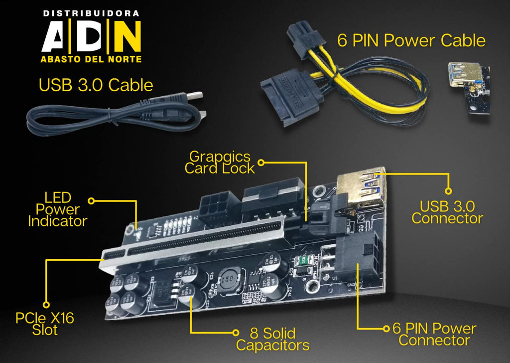 6 Packs PCIe Riser GPU Adapter with 8 Capacitors and LED Lights M6803