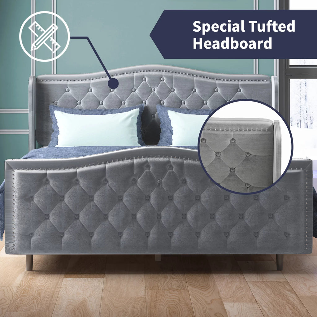 King Size Button Tufted Velvet Platform Bed Frame, Silver Grey X55323