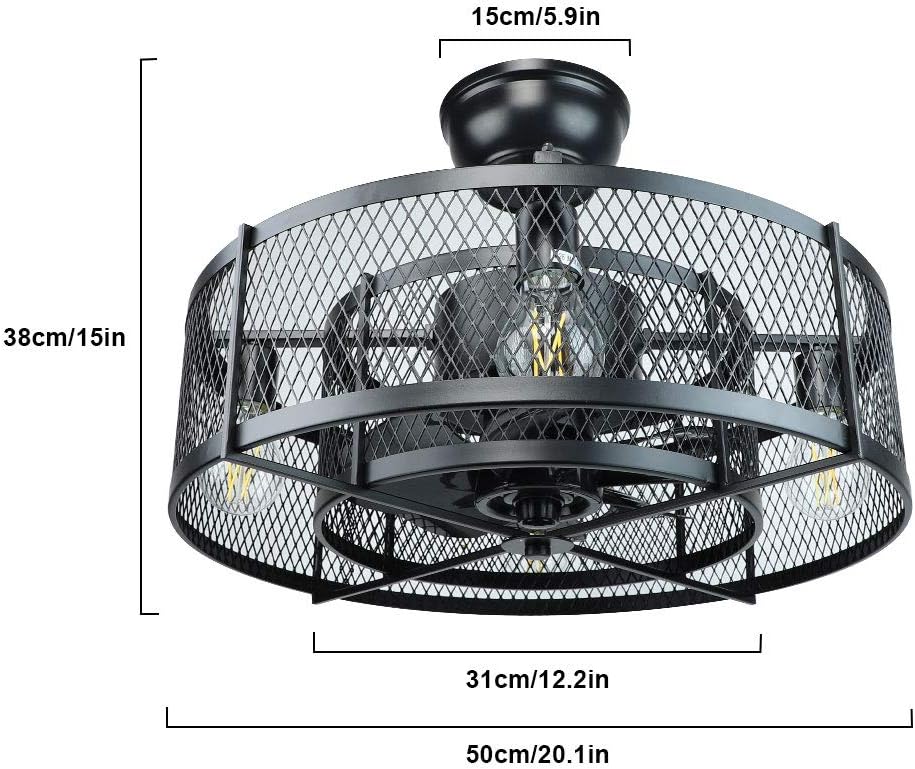 20In Caged Ceiling Fan with Light, 3 Speeds Adjustable, Remote, Black T7005