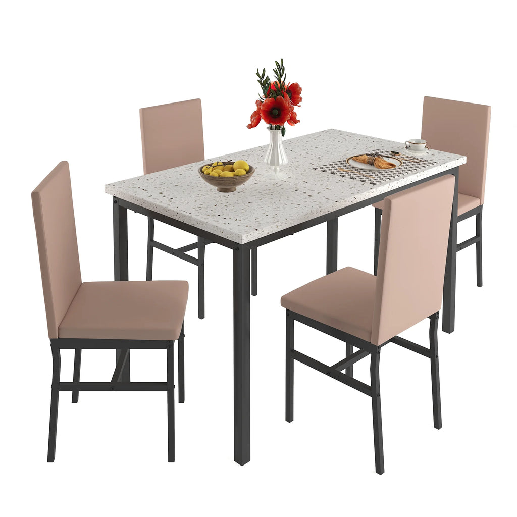 5 Piece Dining Table and Chairs Set with Faux Marble Tabletop and 4 PU Leather Upholstered Chairs N86857