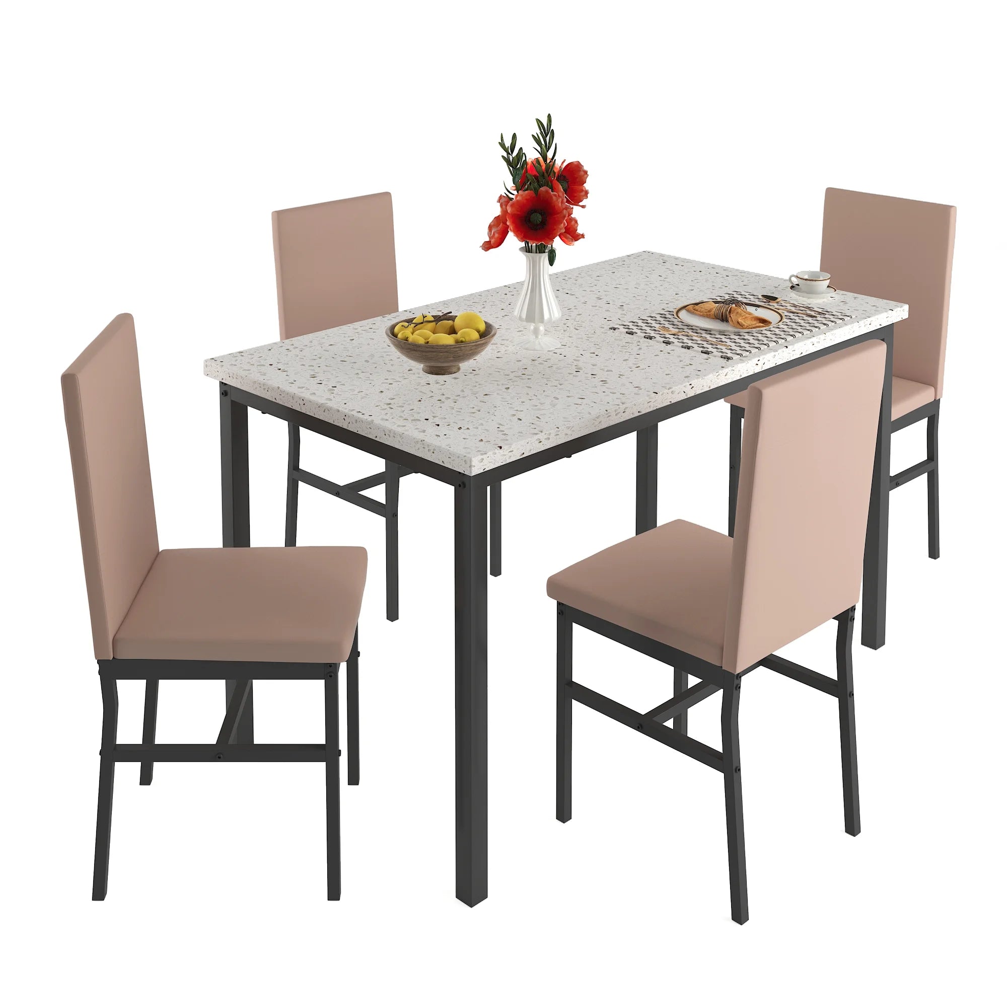 5 Piece Dining Table and Chairs Set with Faux Marble Tabletop and 4 PU Leather Upholstered Chairs N86857