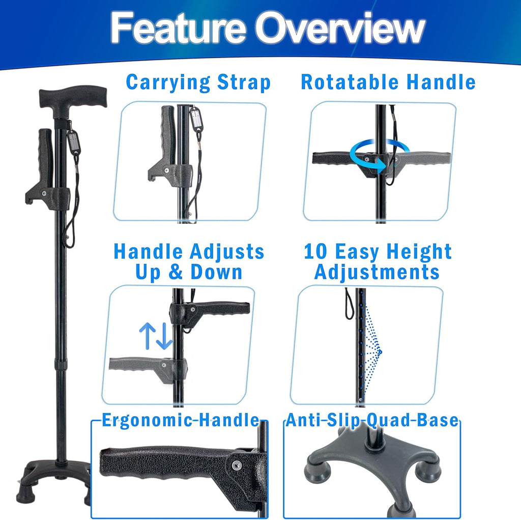 Adjustable Quad Prong Cane with Rotatable Second Support Handle M73076