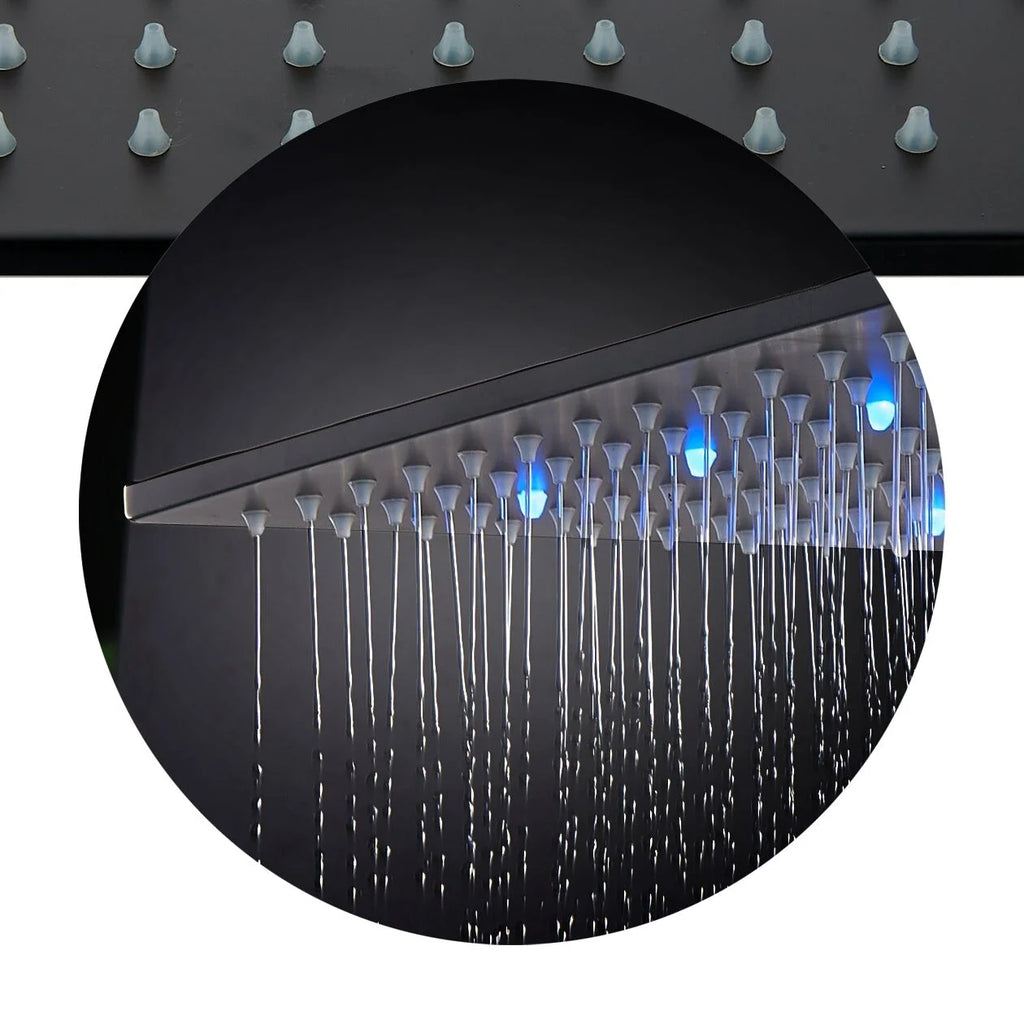 Matte Black Ceiling Mount 16 Inch LED Rainfall Shower System with Body Jets J2688