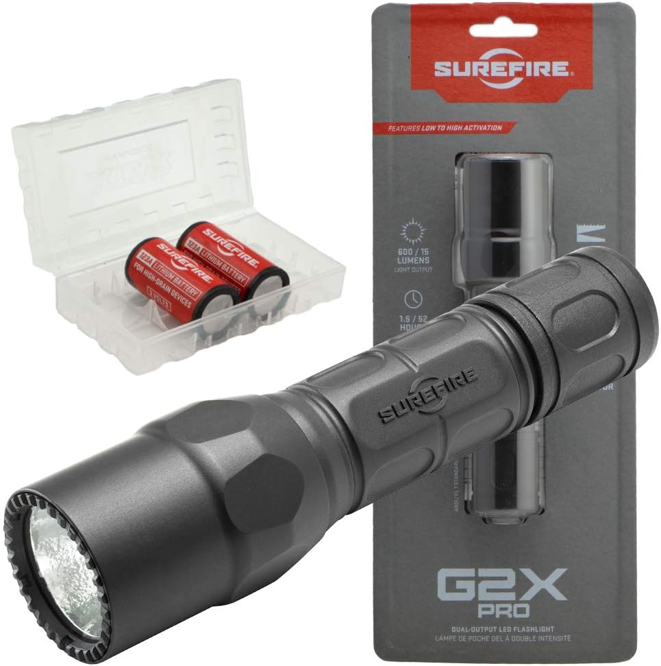 SureFire G2X Tactical 600 Lumen Flashlight Bundle with 2x Extra CR123A and Battery Case V9128