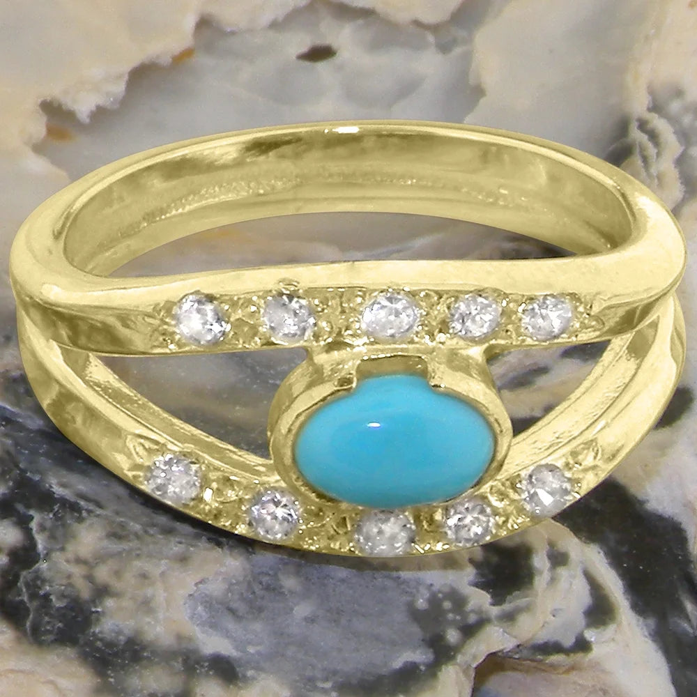 9k Yellow Gold Turquoise Diamond Womens Band Ring X424