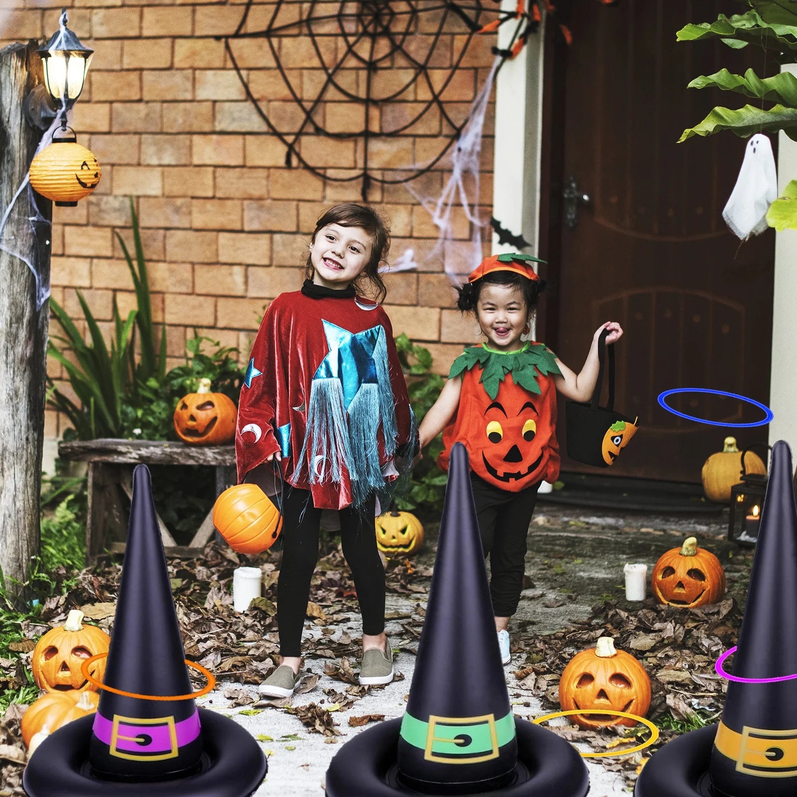 11 Pack Halloween Inflatable Witch Hat Ring Toss Game Set with Plastic Ring Toss and Inflatable Witch Hats F396445