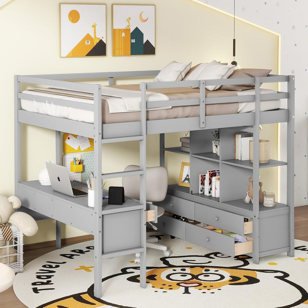 Full Size Solid Wood Loft Bed with Desk and 2 Drawers, Grey F617659