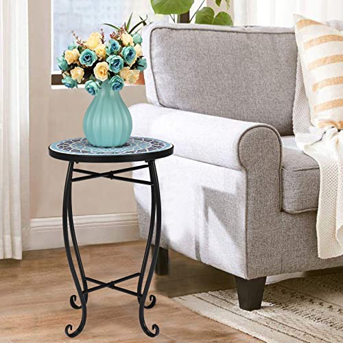 14 Inch Blue Mosaic Round Side Table I4786