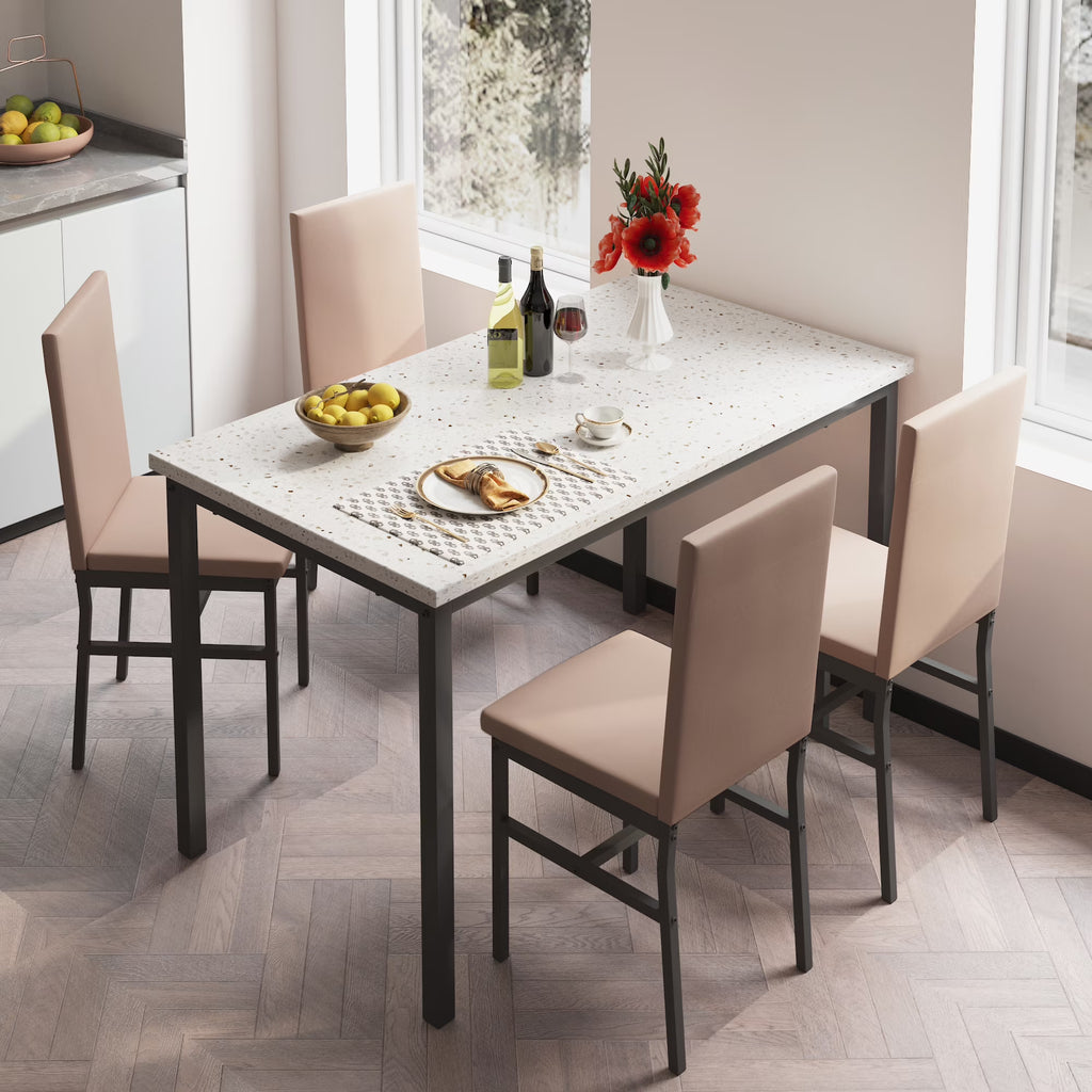 5 Piece Dining Table and Chairs Set with Faux Marble Tabletop and 4 PU Leather Upholstered Chairs N86857