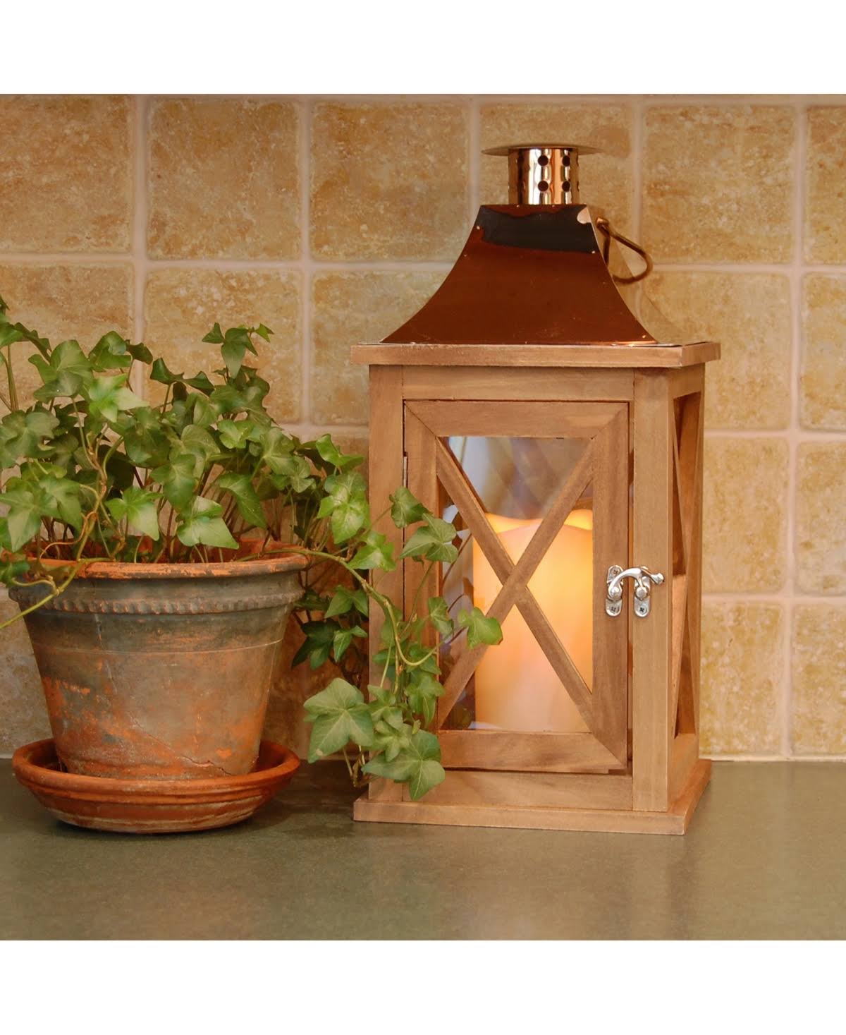 Natural Wooden Lantern with Copper Roof and LED Candle W52434