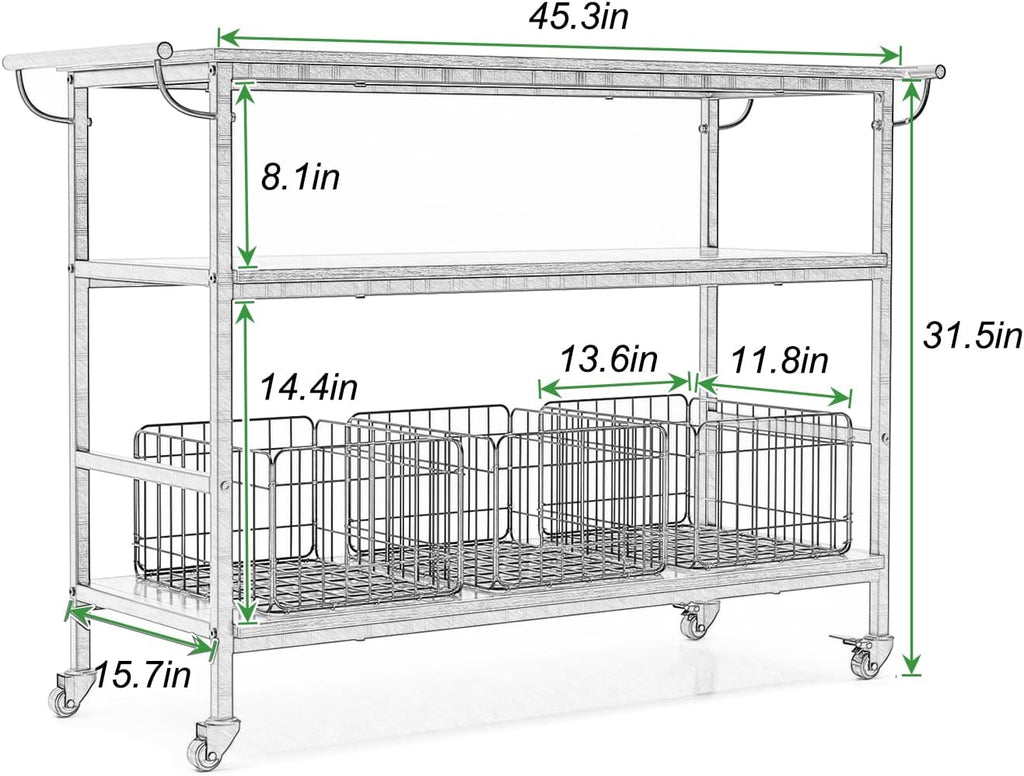 Rustic Brown 3-Tier Rolling Bar Cart with Wheels O8441